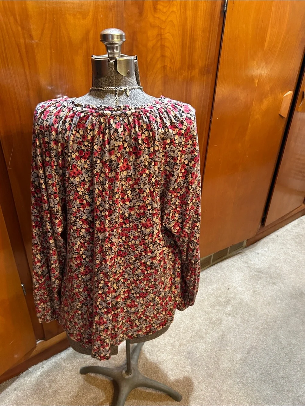 Chaps Pink Multi Floral Tie-Neck Long Sleeve Tunic - Picture 2 of 3